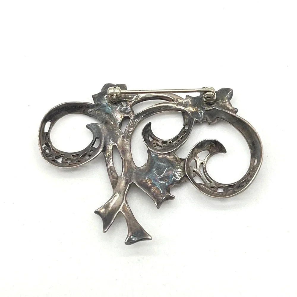 Vintage Jezlaine Sterling Silver 925 Floral Brooch Pin Red Stone Flower Filigree
